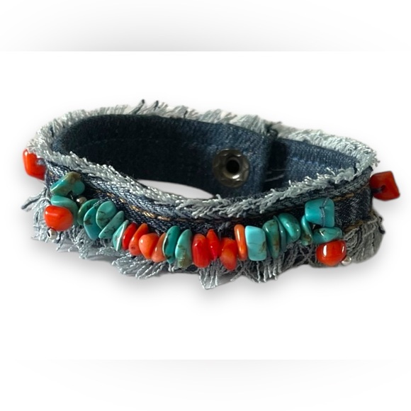 Upcycled Denim Bracelet with Turquoise and Cornelian Stones - Picture 3 of 3